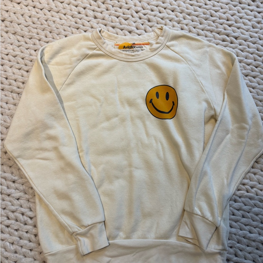 Aviator Nation Antique White Smiley Face Crewneck Sweatshirt